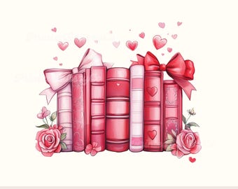 Coquette Stack of Books Clipart Ribbon Bow png, books png, hearts png, girly books png, red bow png coquette png book lover png bookworm png