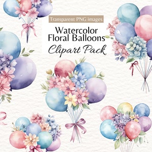 Aquarell Blumen Ballon Clipart, Pastell Ballons PNG, Blumenstrauß Clip Art Design, druckbare Einladung/Karte/Scrapbook Grafiken Frühling