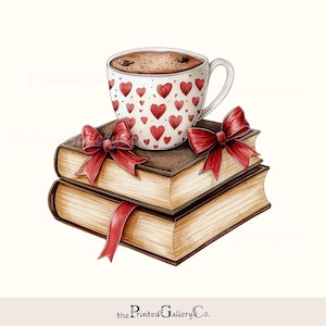 May include: A cup of coffee with a heart pattern sits on top of two stacked books with red bows. The books are brown and have a vintage look.