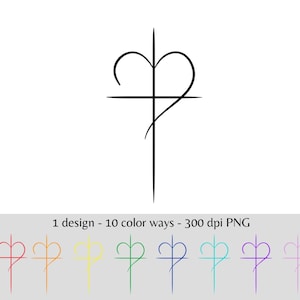 May include: A black line art design of a heart shape intersected by a cross and a vertical line. Below, the same design is shown in various colours, including red, orange, yellow, green, blue, and purple. The text reads: 1 design - 10 color ways - 300 dpi PNG.