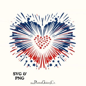 Fuochi d'artificio del 4 luglio SVG e PNG, Clipart del Memorial Day a forma di cuore, Decorazione a sublimazione di clipart patriottiche americane, Download digitale Independence USA