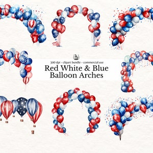 4 juillet ballons & confettis Clipart, arc de ballon rouge blanc et bleu PNG, clipart patriotique graphique téléchargement immédiat utilisation commerciale