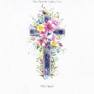 Cruz Floral Roxa Clipart Aquarela Jardim Flor Cruz PNG Shabby Chic Fé Cristã Páscoa Batismo Clip Art Design Download Digital