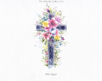 Clipart de cruz floral morada, acuarela, jardín, flor, cruz PNG, shabby chic, fe cristiana, Pascua, bautismo, clip art, diseño, descarga digital