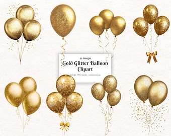 Gold Glitter Balloon PNG Bundle, Celebration Balloons Clipart For Sublimation Designs, Printable Scrapbooking/Invitations