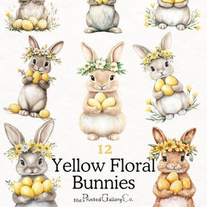Gelber Blumen Osterhasen Clipart, Frühlingskaninchen Kommerzielle Nutzung PNG Ostereinladung Clip Art, Blumenkronengrafik, Garten Ostereier