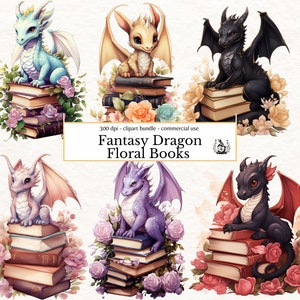 20 ファンタジー ドラゴン クリップアート バンドル、花柄の本のクリップアート デジタル スクラップブック グラフィック パック、魔法の生き物 PNG 昇華ステッカー デザイン