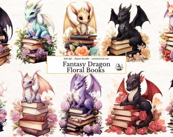 20 Fantasy Dragon Clipart Bundle, Floral Books Clip Art Digital Scrapbooking Graphics Pack, Magical Creatures PNG Sublimation Sticker Design