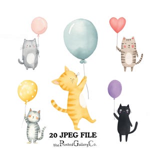 May include: Watercolor illustration of several cartoon cats holding colorful balloons. The cats are in various colors, including gray, orange, and black. The balloons are pink, blue, yellow, purple, and red. Text at the bottom reads "20 JPEG FILE" and "the Printed Gallery Co."