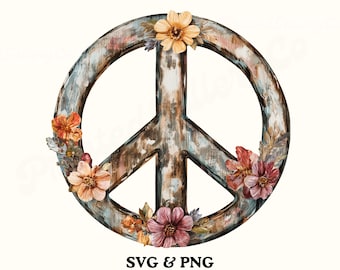 Wood Distressed-look Peace Sign SVG Hippie Peace Symbol png Rustic-Look Peace Sign with flowers, shabby chic floral pastel sublimation