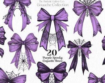Purple Spooky Coquette Bows Clipart, Cute Halloween PNG, Witchy Spider Web Graphics, Cottagecore Junk Journal Images for Commercial Use