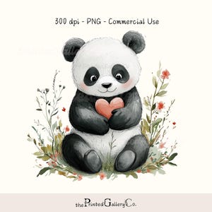 Clipart floral panda, aquarelle animal mignon png avec bordure de fleurs sauvages tenant un coeur pour la Saint-Valentin ou des invitations d'anniversaire, amour