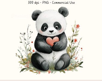 Floral Panda Clipart, Watercolor cute animal png with Wildflower border holding a heart for valentine's day or anniversary invitations, love
