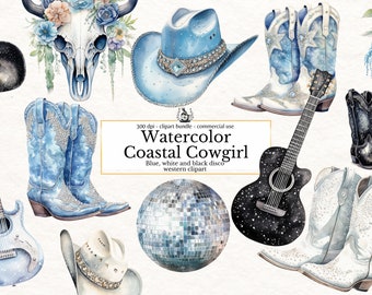 Watercolor Coastal Cowgirl Clipart, Blue/Black/White Glam Western Boots Disco Ball clip art PNG graphics instant download for commercial use