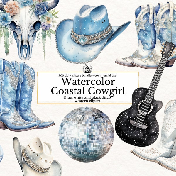 Watercolor Coastal Cowgirl Clipart, Blue/Black/White Glam Western Boots Disco Ball clip art PNG graphics instant download for commercial use