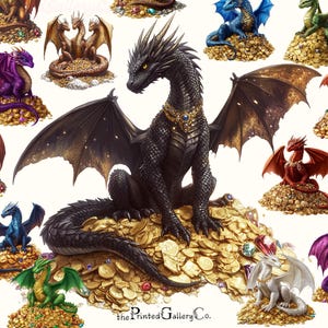 Pacote de clipart de dragão de fantasia PNG, dragão DnD em tesouro de ouro, dragões Castlecore para scrapbooking, diários de lixo ou adesivos digitais