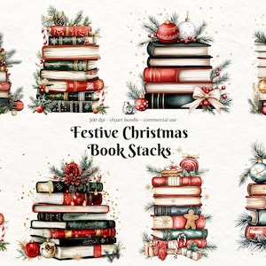 Aquarel kerstboek stapels clipart, feestelijke vakantie rood/groen/goud boek PNG winter illustraties voor commercieel gebruik afdrukbare ongewenste tijdschrift