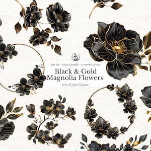 Gold Metallic Blumen Clipart, schwarze Blumen Kommerzielle Nutzung PNG, Hochzeitseinladung Clip Art, Magnolien Grafiken, Glam Garden Brautdusche