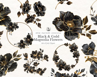 Gold Metallic Floral clipart, Black Flowers Commercial Use PNG, Wedding Invitation clip art, Magnolia graphics, Glam Garden Bridal Shower