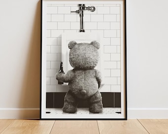 Funny Bathroom Wall Art - Teddy Bear Toilet scene - Bathroom Wall Art - Instant Download - Altered Art