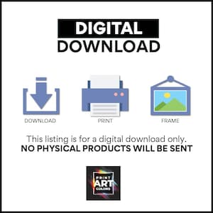 Puede incluir: Una imagen que promociona una descarga digital, con iconos que representan la descarga, la impresi&oacute;n y el marco. El texto "DESCARGA DIGITAL" est&aacute; en la parte superior, y "NO SE ENVIAR&Aacute;N PRODUCTOS F&Iacute;SICOS" est&aacute; debajo.