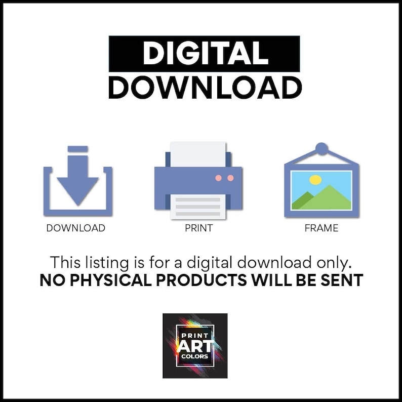 Puede incluir: Una imagen que promociona una descarga digital, con iconos que representan la descarga, la impresi&oacute;n y el marco. El texto "DESCARGA DIGITAL" est&aacute; en la parte superior, y "NO SE ENVIAR&Aacute;N PRODUCTOS F&Iacute;SICOS" est&aacute; debajo.
