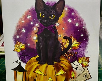 Black Cat Halloween Card handmade and unique