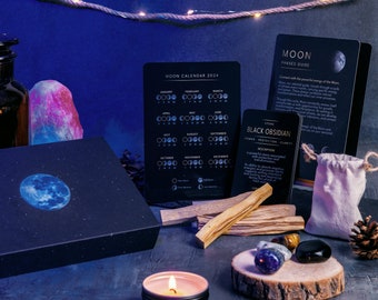 Moon Phases Guide Kit 2024 With Crystals | Moon Box, Moon Set, Moon Ritual, New Moon, Full Moon, Lunar Phases, Witchcraft, Moon Calendar