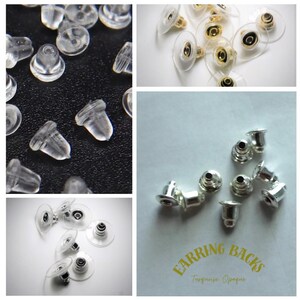 May include: Assortment of earring backs in clear plastic, gold tone metal, and silver tone metal. The earring backs are displayed on a white surface. The text "EARRING BACKS Turquoise Opaque" is visible in the bottom right corner of the image.