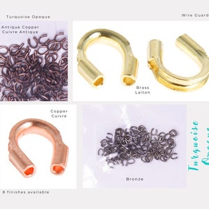 Puede incluir: Surtido de protectores de alambre en varios acabados, incluyendo cobre antiguo, cobre, latón y bronce. Los protectores de alambre son pequeñas piezas de metal en forma de U que se utilizan para proteger los extremos del alambre.