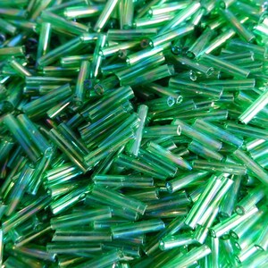 7 Up Green Transparent Rainbow, #4, Bugles of 9mm x 2mm, Glass, Approximately 10g, 20g, 50g or 125g, Directly from the Supplier