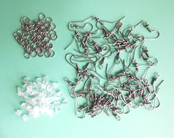 Set Including 60 Ear Hooks, 60 Open Jump Rings, 60 Silicone Earring Backs, Storage Box, 316L Stainless Steel, Practical Kit