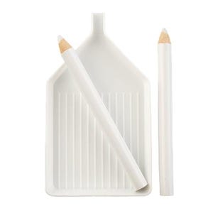 May include: A white diamond painting tray with two white pencils. The tray has a ridged surface and a handle. The pencils have white bodies and natural wood tips. The items are set against a white background.