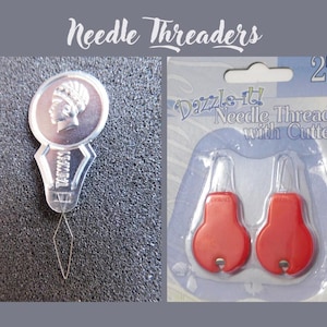 Puede incluir: Dos enhebradores de aguja con cortadores. Uno es plateado con la cara de una mujer y el otro es de plástico rojo. El paquete dice "Dazzle-It! Enhebradores de aguja con cortador" y "2 piezas."