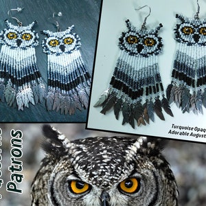 May include: A pair of beaded owl earrings with silver feather charms. The owls are white with black and grey accents and have yellow eyes. The earrings are hanging from silver hooks.