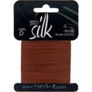 May include: A spool of 100% pure silk thread in size D, brown colour, 200 yards long. The label reads "100% Pure Silk" and "Size D Brown 200 yds (183 m)".