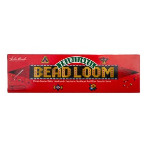 May include: A red box for a traditional bead loom kit. The box features the text "TRADITIONAL BEAD LOOM" in large, yellow letters. The kit is designed for creating beaded belts, headbands, keychains, necklaces, and other items.