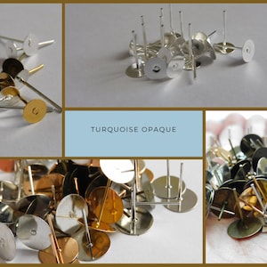 May include: A close-up of a pile of earring findings with a variety of finishes, including silver, gold, and bronze. The findings are all round and have a small post sticking out of the top. The text "TURQUOISE OPAQUE" is visible in the image.