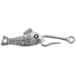 May include: A silver fish-shaped clasp with a hook and eye closure. The fish features detailed scales and a decorative swirl pattern. The clasp is designed for jewellery making or crafts.