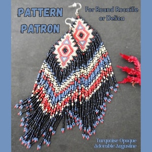 May include: Handmade beaded earrings in a geometric pattern. The earrings feature a diamond design in red, white, and blue beads, with a black fringe. Text on the image reads "PATTERN PATRON" and "For Round Rocaille or Delica".