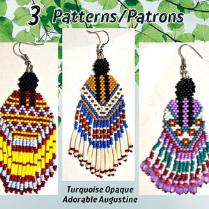May include: Three pairs of beaded earrings with different patterns. The earrings feature various colors, including yellow, red, blue, and white. The text "3 Patterns/Patrons" is at the top, and "Turquoise Opaque Adorable Augustine" is at the bottom.