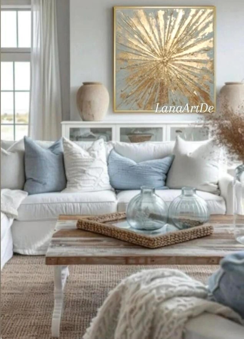 Gold Abstract Acrylic Painting Gold Leaf Art Light Blue and Gold