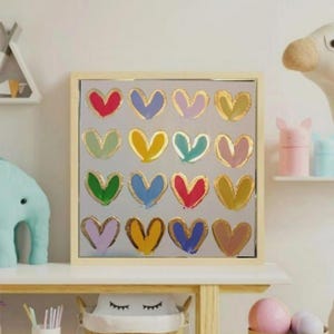 Pintura abstrata colorida em tela com folhas de ouro e coração, pintura colorida moderna para quarto infantil, arte de parede, decoração original em forma de coração, acrílico abstrato