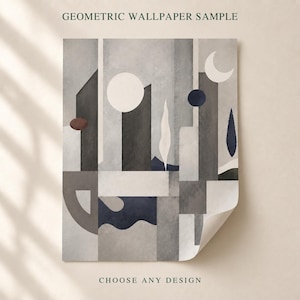 May include: A geometric wallpaper sample featuring a rectangular print with abstract shapes in shades of gray, black, and white. The design includes a large white circle, a crescent moon, and dark vertical forms. Text reads GEOMETRIC WALLPAPER SAMPLE.