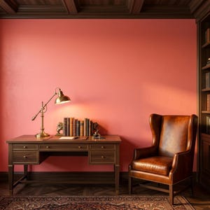 May include: A classic home office setup featuring a wooden desk with drawers, a brass lamp, and a leather armchair. A collection of books and decorative items sit on the desk. The walls are painted a coral color, and the room has a traditional feel.
