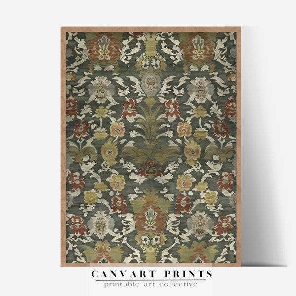 Green Tapestry Rug Pattern Wall Print | Vintage Tapestry Pattern Textile Wall Art | Textile Print Art | DIGITAL PRINTABLE | CanvArt Prints