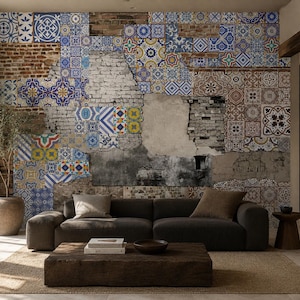 Mosaic Wallpaper Mural: Blue Decorative Tile Patchwork, Exposed Brick, Distressed Plaster