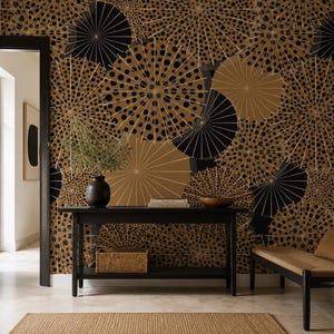 Parasol Geometric Wallpaper: Black Tan Dotted Umbrellas, Layered Radial Pattern
