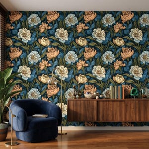 May include: Wallpaper featuring a repeating floral pattern of large peonies in cream, peach, and light blue against a dark navy background. The flowers are detailed with green leaves and stems, creating a classic, elegant design.