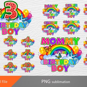 Rainbow birthday boy PNG, family bundle, rainbow sublimation, rainbow birthday design, rainbow numbers